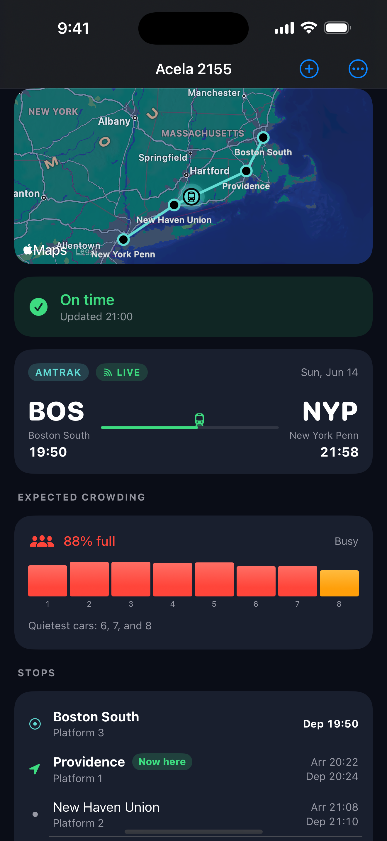 Raily train detail for Acela 2155 showing live map, on-time status, expected crowding, and stops