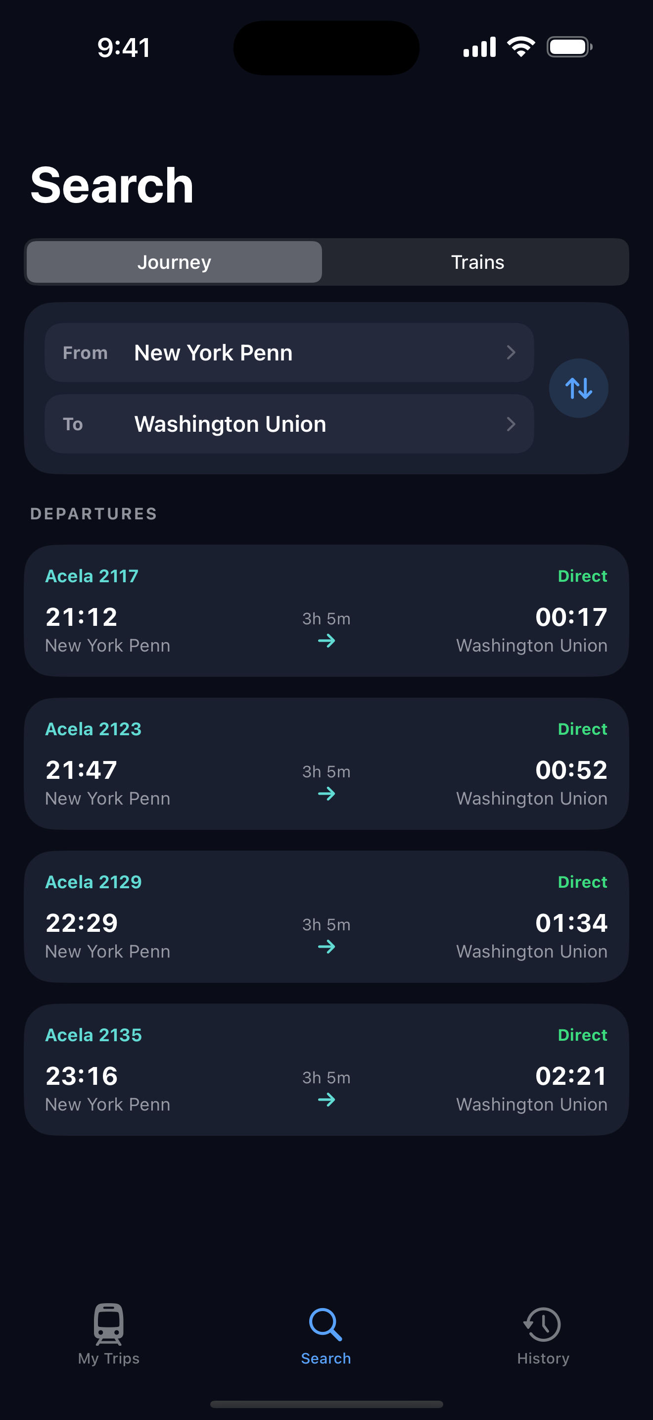 Raily journey search screen showing departures from New York Penn to Washington Union