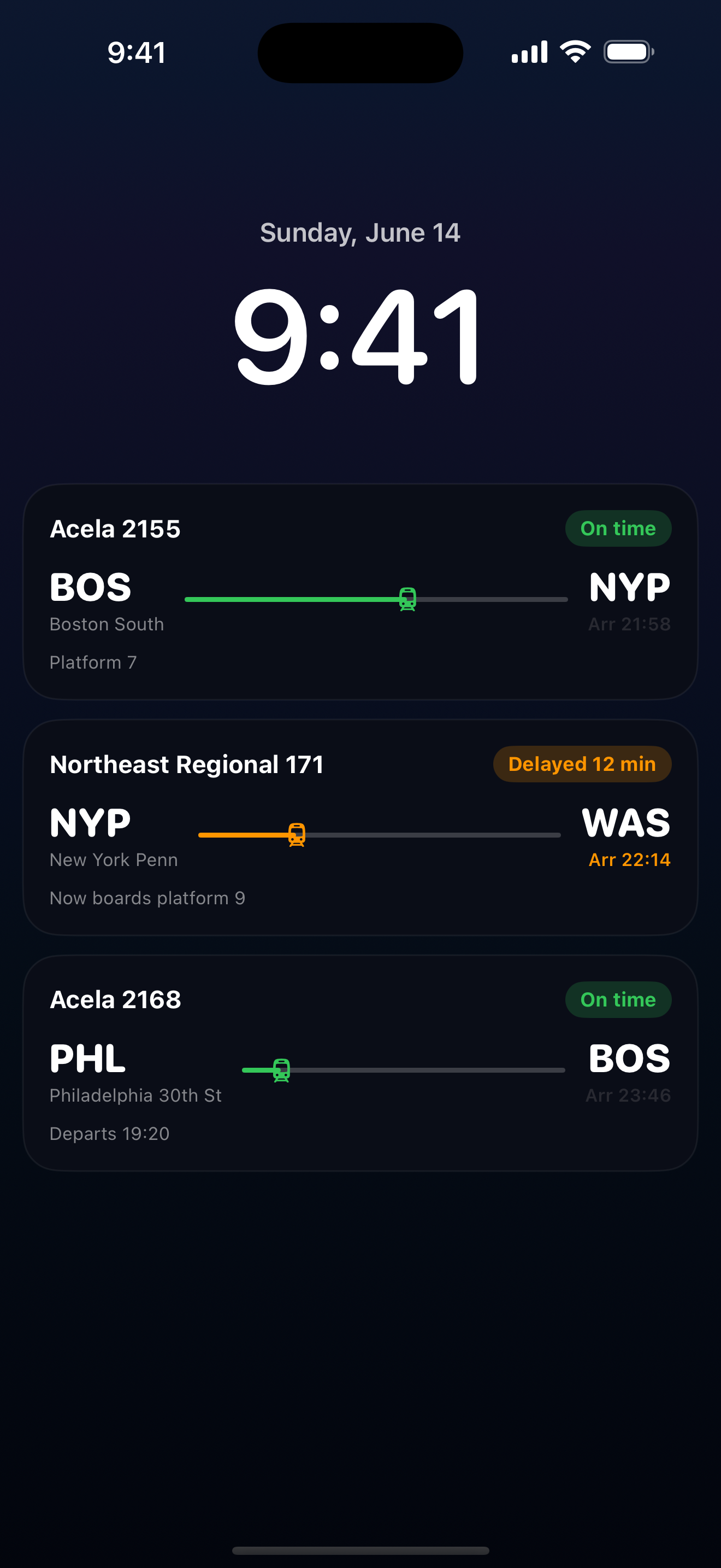 Raily live train tracking on the iPhone Lock Screen showing on-time and delayed trains with live progress
