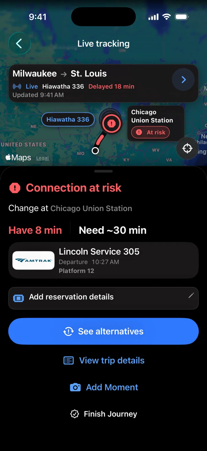 Live tracking of Hiawatha 336, delayed 18 minutes, with the connection at Chicago Union Station at risk: 8 minutes to change, about 30 needed