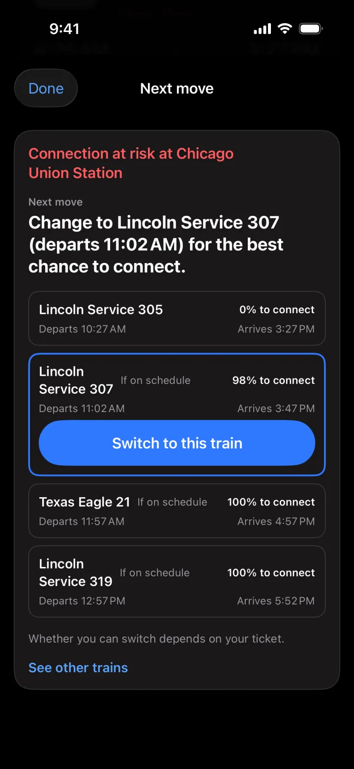 Next move for the connection at risk at Chicago Union Station: change to Lincoln Service 307, departing 11:02 AM, 98% to connect