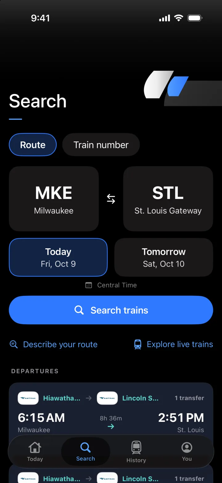 Search by route from Milwaukee to St. Louis Gateway for today, with the first departure a one-transfer trip on Hiawatha and Lincoln Service, 6:15 AM to 2:51 PM