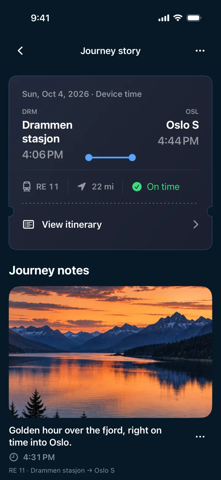 A Moment in the Journey story for RE 11 to Oslo S: a sunset photo over the fjord and a short note